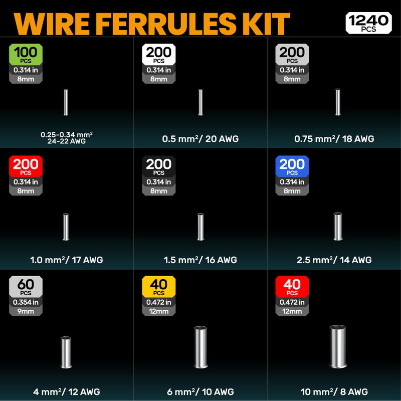 SOMELINE® Non-Insulated Ferrule Crimping Tool Kit,Self-Adjusting Crimping Pliers for wire ferrules AWG 24-8,with 9 Sizes Non-Insulated Wire Ferrules,Square Crimping Pliers Crimp Connector Kit - Image 4