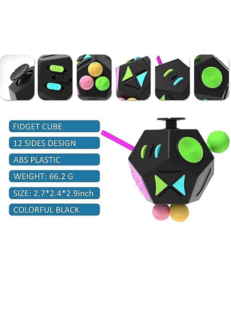 Fidget Dodecagon –12-Side Fidget Cube Relieves Stress and Anxiety Anti Depression Cube for Children and Adults with ADHD ADD OCD Autism (B2 Black Colorful)