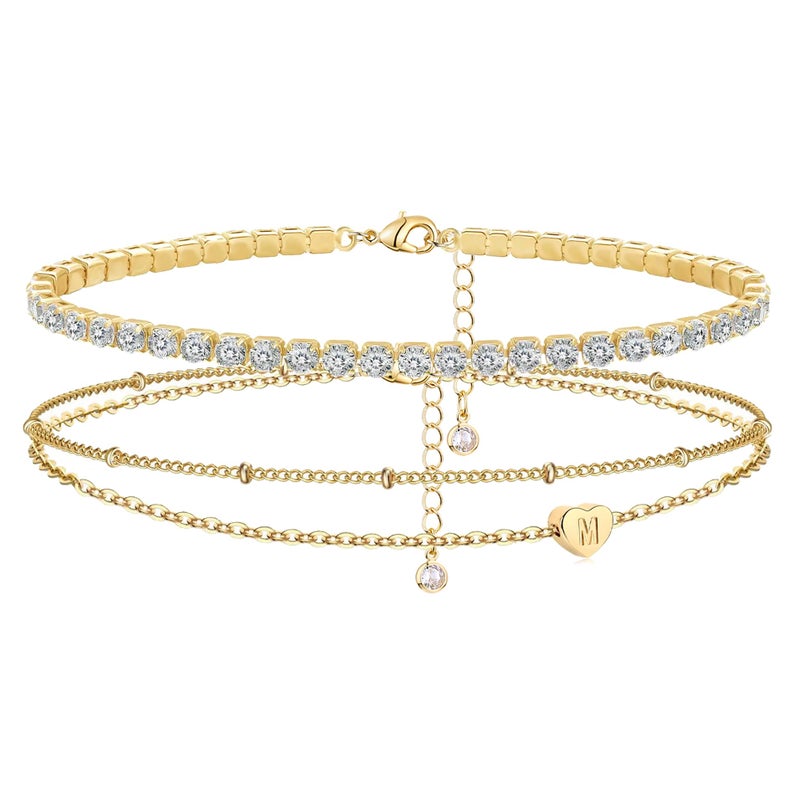Yanoda Gold Initial Bracelets for Women - 14K Gold Plated Bracelet Sets, Trendy Dainty Heart Letter Initial Bracelets, Adjustable Tennis Bracelets, Personalized Jewelry - Image 1