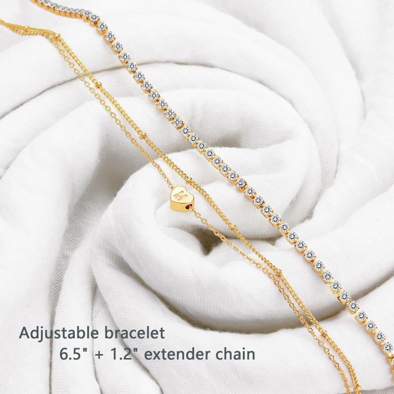 Yanoda Gold Initial Bracelets for Women - 14K Gold Plated Bracelet Sets, Trendy Dainty Heart Letter Initial Bracelets, Adjustable Tennis Bracelets, Personalized Jewelry - Image 4