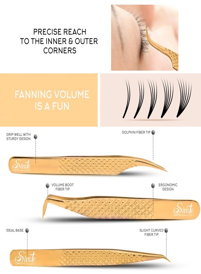 SIVOTE Eyelash Extension Tweezers Fiber Tips Japanese Steel, Set of 6 - Curved, Dolphin, 90° 45° Volume Boot & Slight Curved Tweezer - Professional Lash Tweezers for Lash Extensions Gold - Image 4