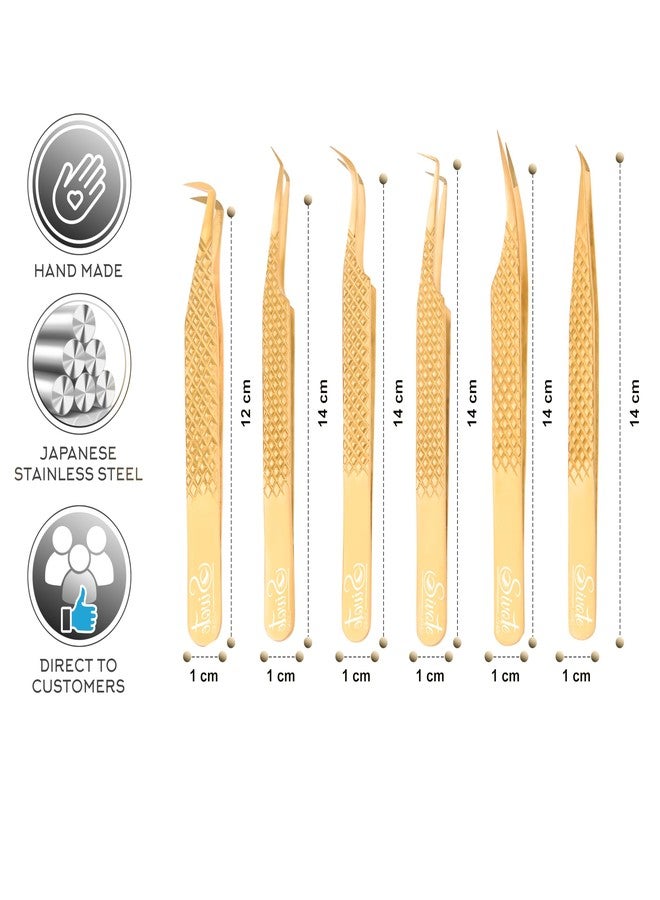 SIVOTE Eyelash Extension Tweezers Fiber Tips Japanese Steel, Set of 6 - Curved, Dolphin, 90° 45° Volume Boot & Slight Curved Tweezer - Professional Lash Tweezers for Lash Extensions Gold - Image 3