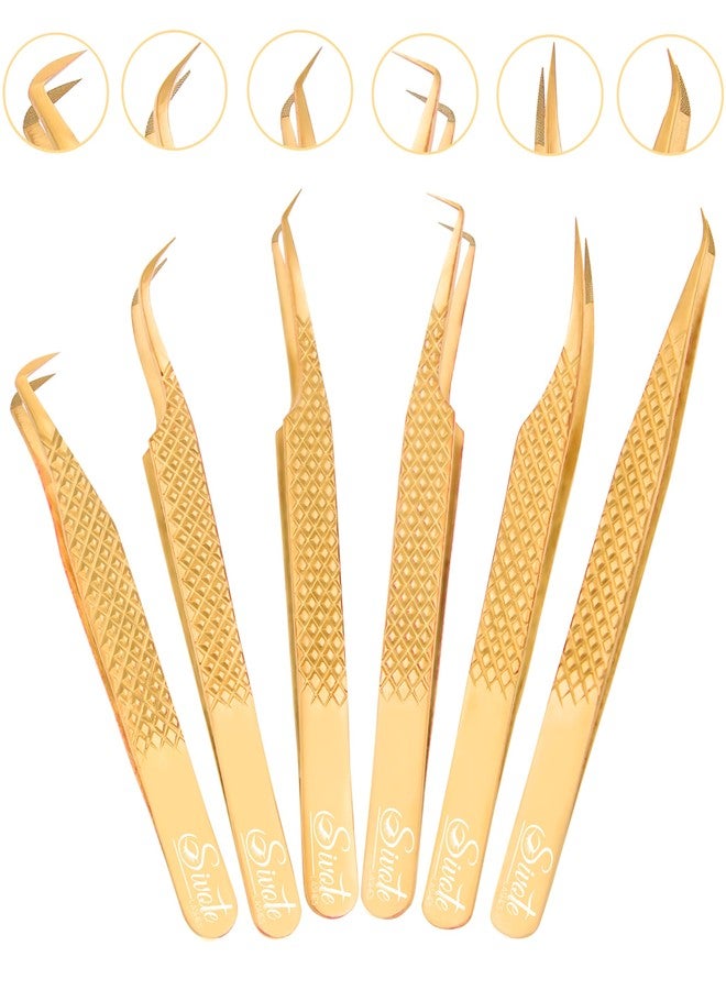 SIVOTE Eyelash Extension Tweezers Fiber Tips Japanese Steel, Set of 6 - Curved, Dolphin, 90° 45° Volume Boot & Slight Curved Tweezer - Professional Lash Tweezers for Lash Extensions Gold - Image 1
