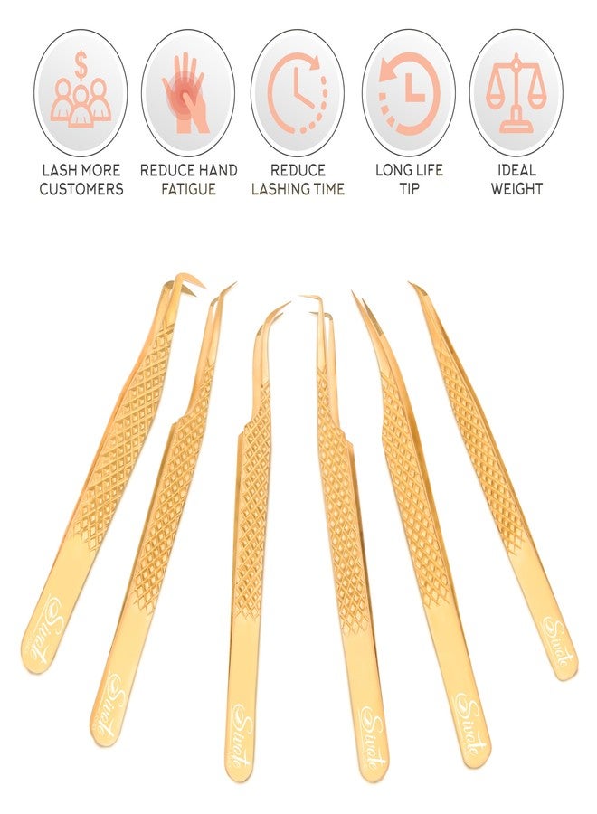 SIVOTE Eyelash Extension Tweezers Fiber Tips Japanese Steel, Set of 6 - Curved, Dolphin, 90° 45° Volume Boot & Slight Curved Tweezer - Professional Lash Tweezers for Lash Extensions Gold - Image 2