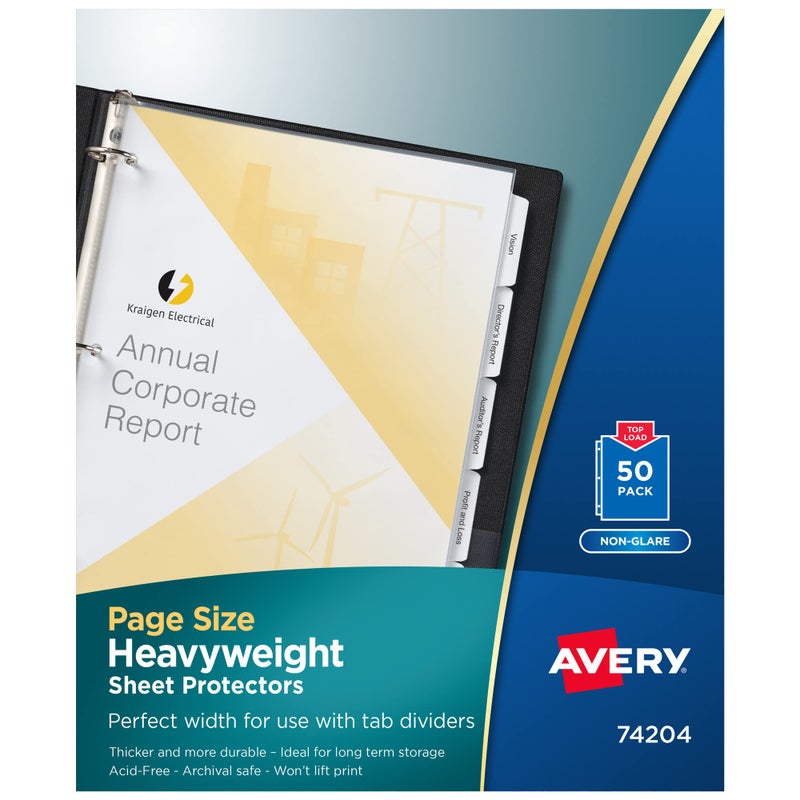 Avery NonGlare PageSize Sheet Protectors PrePunched for Use with Tab Dividers Top Load 50 Document Protectors 74204