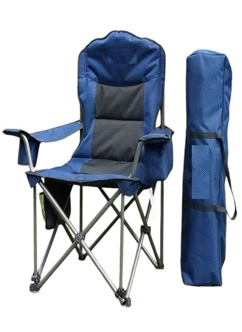 Folding chair for camping and trekking with a side storage pocket and a cup holder with a padded armrest