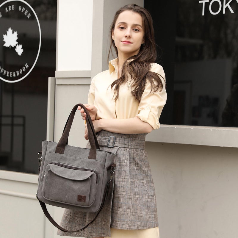 ZHIERNA Women's Canvas Tote Purse Casual Shoulder Crossbody Bags Small Handbag, Multi-pocket Top Handle Work Bag - Image 2