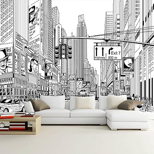WFBHUA-Black and White New York City Wallpaper Hand Painted Times Square Wall Mural Decoration for Living Room Bedroom Offices(Not Peel and Stick) - Image 1