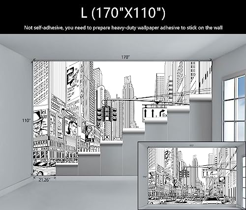 WFBHUA-Black and White New York City Wallpaper Hand Painted Times Square Wall Mural Decoration for Living Room Bedroom Offices(Not Peel and Stick) - Image 4