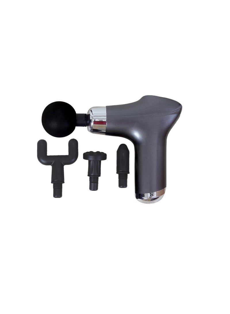 Electric muscle massage gun, battery operated, rechargeable, up to 3000 RPM, comes with four heads and lightweight