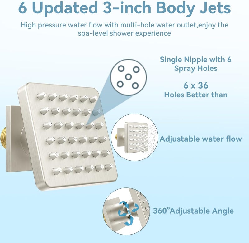 Bostingner Shower Body Spray Jets, 3-inch Brass Showerhead Body Spray Adjustable Flow with On Off, Square Shower Body Sparyer Spa Massage Jet Wall Mount, NPT 1/2”- 4PCS (Brushed Nickel) - Image 2