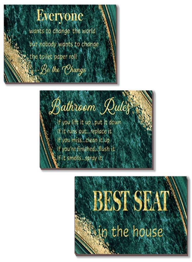 DONFENTHY 3 Pieces Green Gold Bathroom Decor Bathroom Rules Wall Art Green Gold Rules Signs Best Seat in The House Farmhouse Wooden Sign for Toilet Wall Decor (10x5") - Image 1