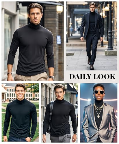 LONGBIDA Men Slim Fit Lightweight Long Sleeve Pullover Top Turtleneck T-Shirt(Black,M) - Image 3