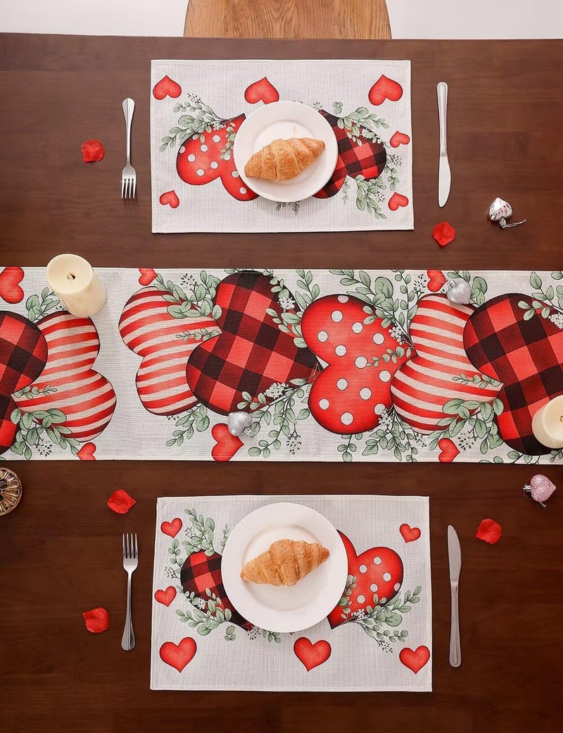 multiwins Valentine's Day Table Runner and Placemat Set: 13"x72" Plaid Hearts Table Runner with 4 Matching 12"x18" mats - Includes Love Balloon, 12 Heart Balloons, Stickers & Straws for Home Decor - Image 5