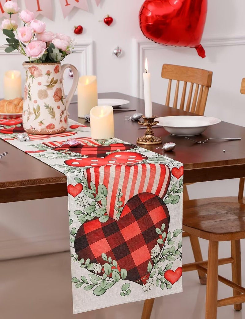 multiwins Valentine's Day Table Runner and Placemat Set: 13"x72" Plaid Hearts Table Runner with 4 Matching 12"x18" mats - Includes Love Balloon, 12 Heart Balloons, Stickers & Straws for Home Decor - Image 4