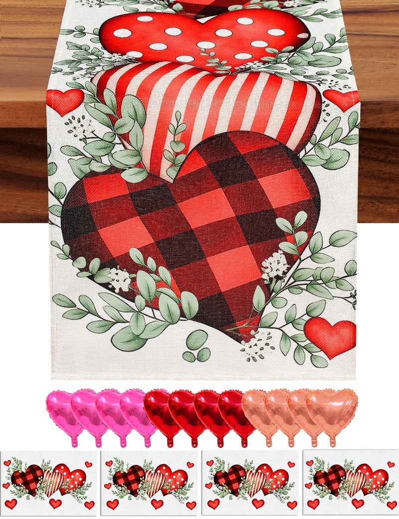 multiwins Valentine's Day Table Runner and Placemat Set: 13"x72" Plaid Hearts Table Runner with 4 Matching 12"x18" mats - Includes Love Balloon, 12 Heart Balloons, Stickers & Straws for Home Decor - Image 1
