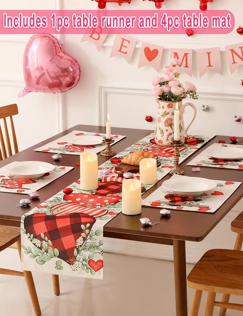 multiwins Valentine's Day Table Runner and Placemat Set: 13"x72" Plaid Hearts Table Runner with 4 Matching 12"x18" mats - Includes Love Balloon, 12 Heart Balloons, Stickers & Straws for Home Decor - Image 3