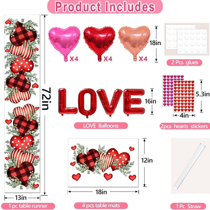 multiwins Valentine's Day Table Runner and Placemat Set: 13"x72" Plaid Hearts Table Runner with 4 Matching 12"x18" mats - Includes Love Balloon, 12 Heart Balloons, Stickers & Straws for Home Decor - Image 2
