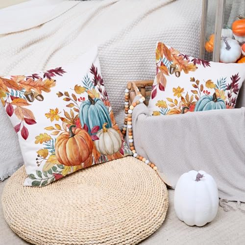 AACORS Fall Pillow Covers 18x18 Set of 2Pumpkins Maple Leaves Decorations Floral Farmhouse Autumn Throw Pillow Case Decor for Home Sofa Couch AA558182 - Image 3