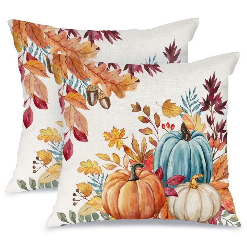 AACORS Fall Pillow Covers 18x18 Set of 2Pumpkins Maple Leaves Decorations Floral Farmhouse Autumn Throw Pillow Case Decor for Home Sofa Couch AA558182 - Image 2