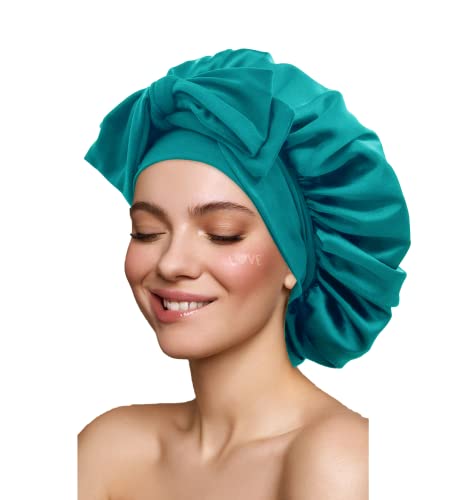 Gili Satin Silk Hair Bonnet for Sleeping Large Bonnets with Tie Band Wrap with Adjustable Straps Night Sleep Caps for Women Curly Braid Hair Dark Turquoise - Image 1