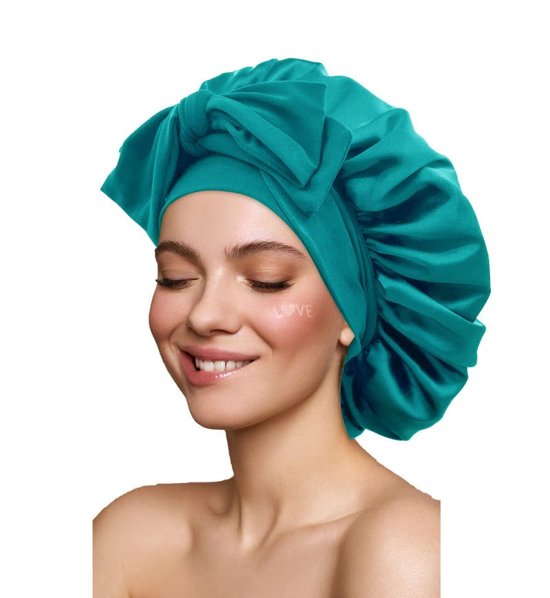 Gili Satin Silk Hair Bonnet for Sleeping Large Bonnets with Tie Band Wrap with Adjustable Straps Night Sleep Caps for Women Curly Braid Hair Dark Turquoise - Image 2