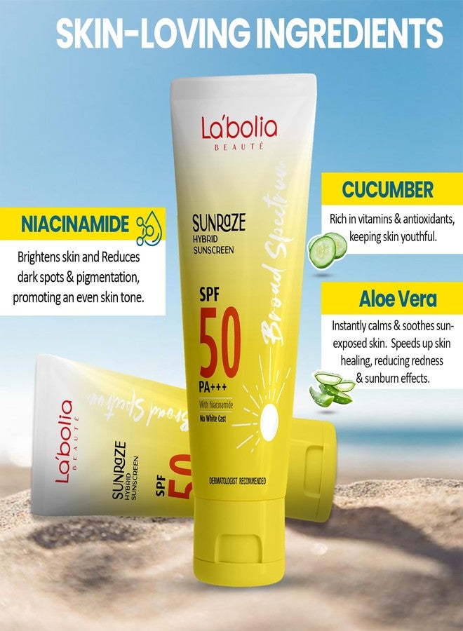 Labolia All Beaute SUNRAZE Hybrid Sunscreen SPF 50 PA+++ | Broad Spectrum Face Protection with Niacinamide, Aloe Vera & Cucumber | Dermatologist Recommended | 50g, Pack of 1 - Image 4