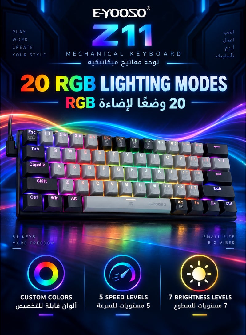 E-YOOSO Z-11 60% Wired RGB Arabic & English Mechanical Keyboard,61 Keys Compact Gaming Keyboard with Linear Silver Switches for Windows, Mac PS(Grey Black) - Image 2