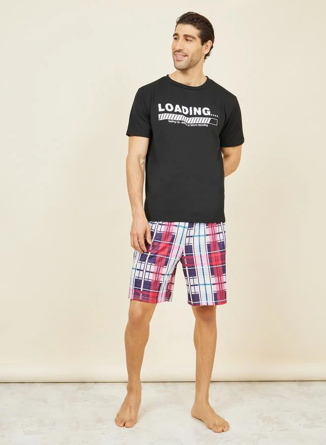 ستايلي Loading Print Crew Neck T-Shirt and Checkered Short Set