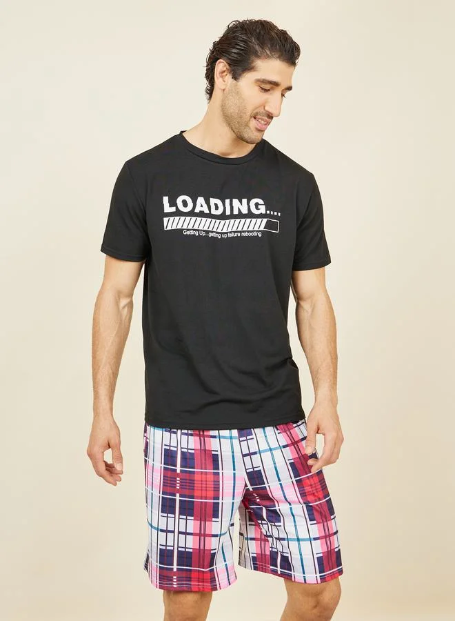ستايلي Loading Print Crew Neck T-Shirt and Checkered Short Set