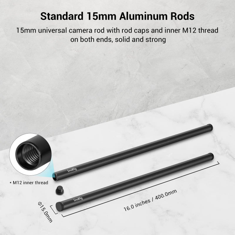 SmallRig 16 Inches (40 cm) Black Aluminum Alloy 15mm Rod with M12 Female Thread, Pack of 2 - Image 2