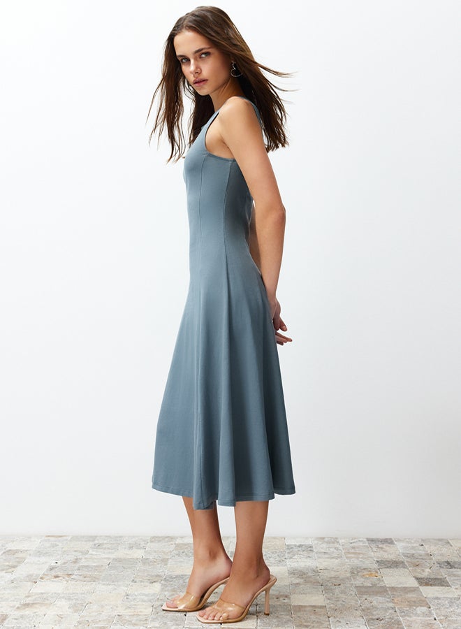 trendyol Anthracite 100% Cotton Skater/Waisted Crew Neck Sleeveless Midi Knitted Midi Dress - Image 2