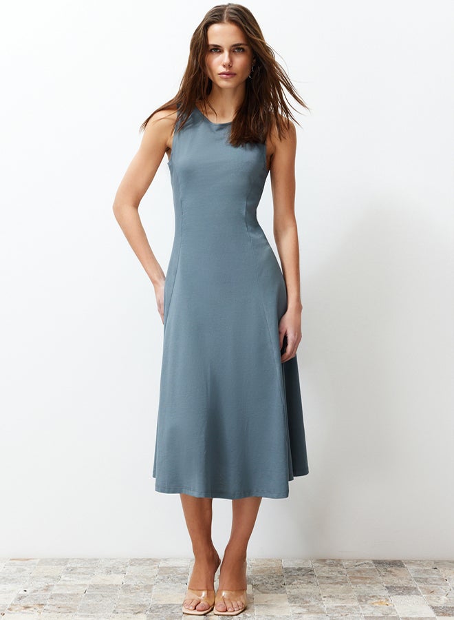 trendyol Anthracite 100% Cotton Skater/Waisted Crew Neck Sleeveless Midi Knitted Midi Dress - Image 1