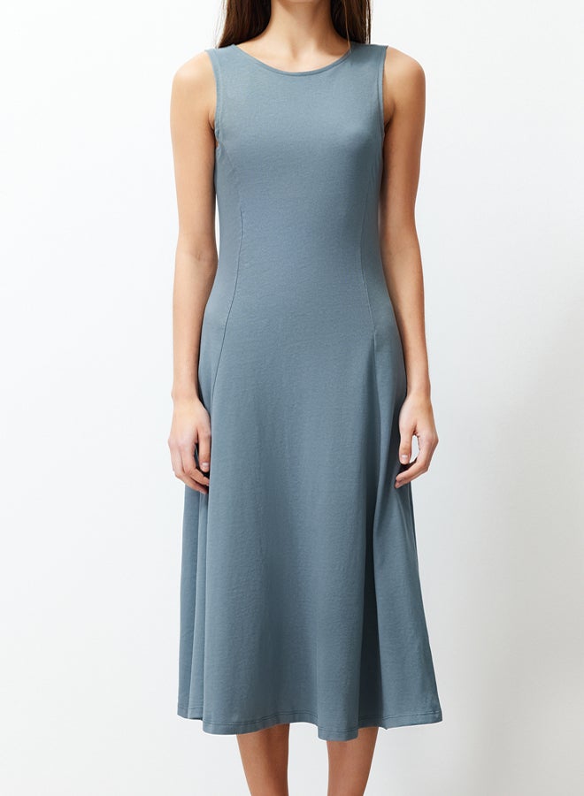 trendyol Anthracite 100% Cotton Skater/Waisted Crew Neck Sleeveless Midi Knitted Midi Dress - Image 4