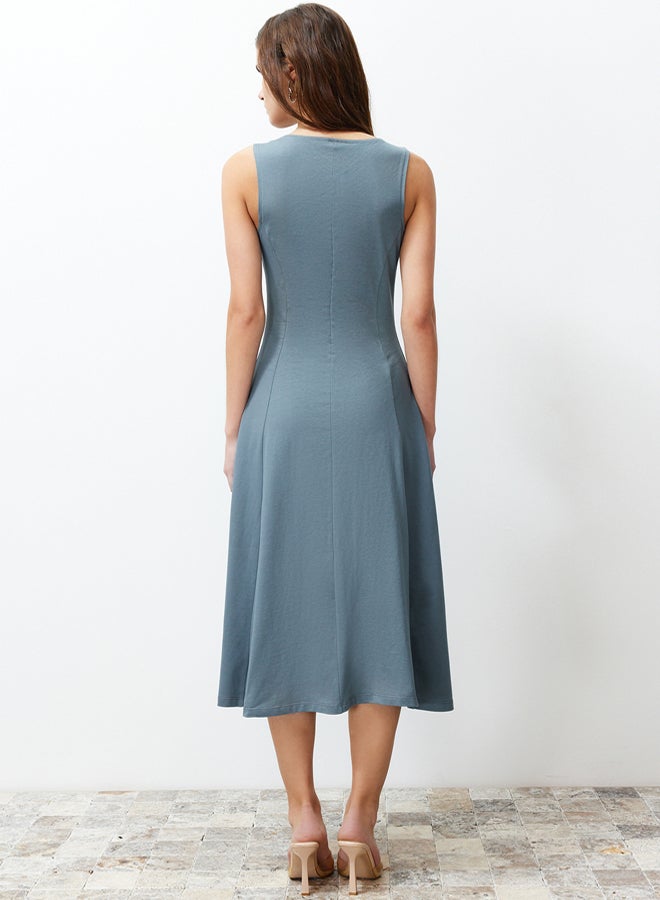 trendyol Anthracite 100% Cotton Skater/Waisted Crew Neck Sleeveless Midi Knitted Midi Dress - Image 5