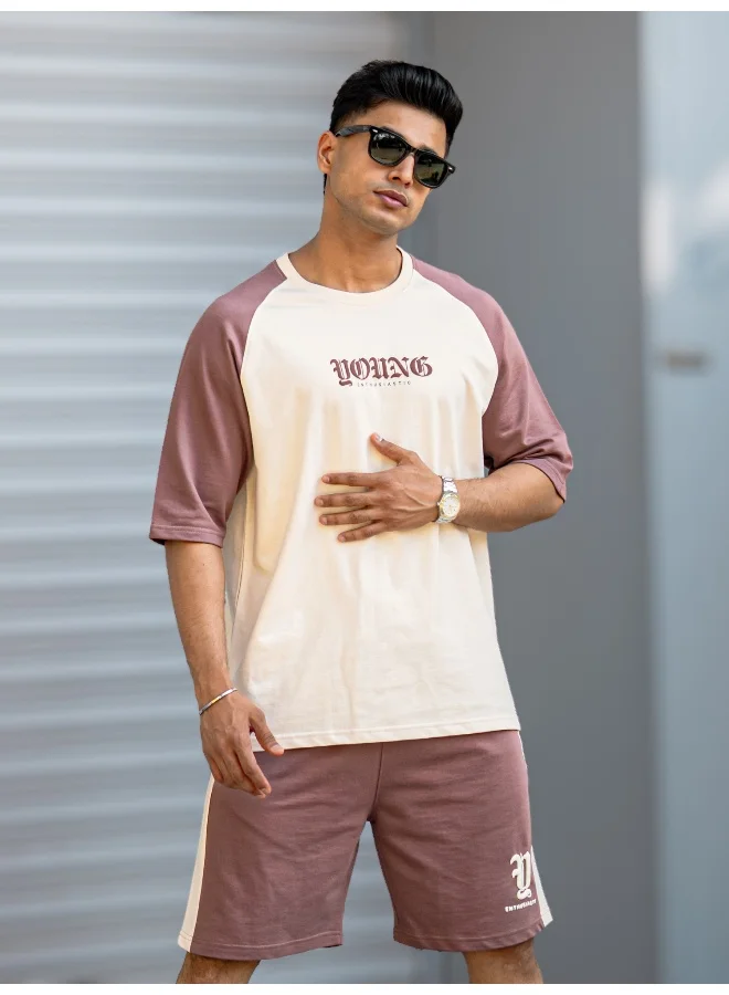 مانياك بدلة رياضية قطنية للرجال بطبعة جنون برقبة دائرية وأكمام نصفية بلون بيج وبصل