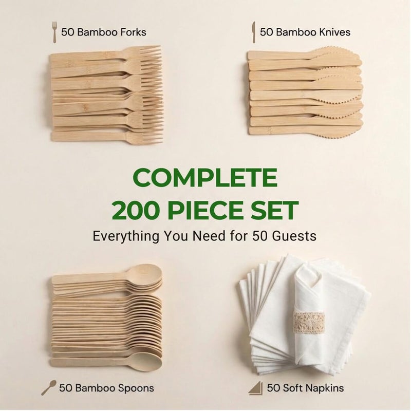 Koala love Pre Rolled Napkin and Bamboo Cutlery Set - 50 Pack Bamboo Utensils Wooden Cutlery 50 Forks 50 Knives 50 Spoons 50 Napkins, Pre Wrapped Disposable Silverware Cutlery for Party, Wedding, Events - Image 5