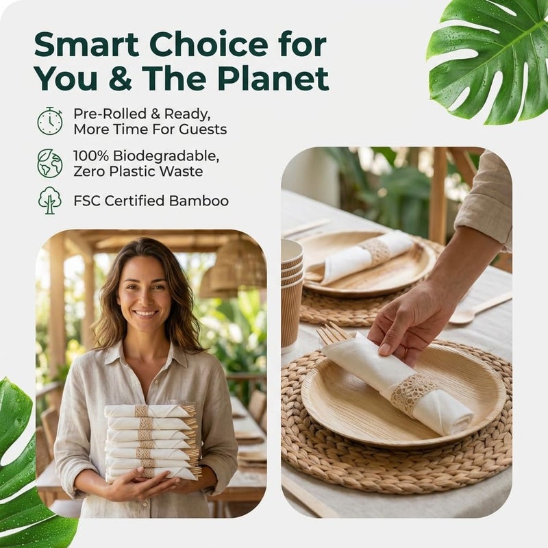 Koala love Pre Rolled Napkin and Bamboo Cutlery Set - 50 Pack Bamboo Utensils Wooden Cutlery 50 Forks 50 Knives 50 Spoons 50 Napkins, Pre Wrapped Disposable Silverware Cutlery for Party, Wedding, Events - Image 3