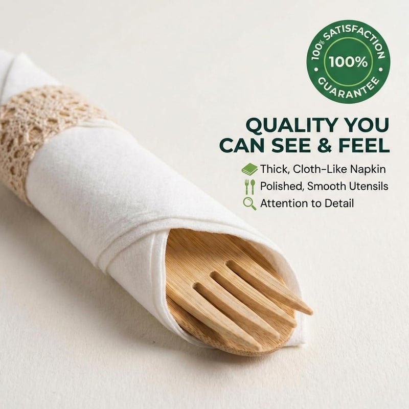 Koala love Pre Rolled Napkin and Bamboo Cutlery Set - 50 Pack Bamboo Utensils Wooden Cutlery 50 Forks 50 Knives 50 Spoons 50 Napkins, Pre Wrapped Disposable Silverware Cutlery for Party, Wedding, Events - Image 4