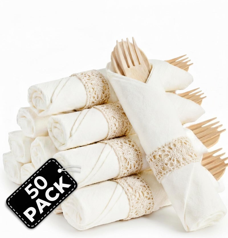Koala love Pre Rolled Napkin and Bamboo Cutlery Set - 50 Pack Bamboo Utensils Wooden Cutlery 50 Forks 50 Knives 50 Spoons 50 Napkins, Pre Wrapped Disposable Silverware Cutlery for Party, Wedding, Events - Image 1