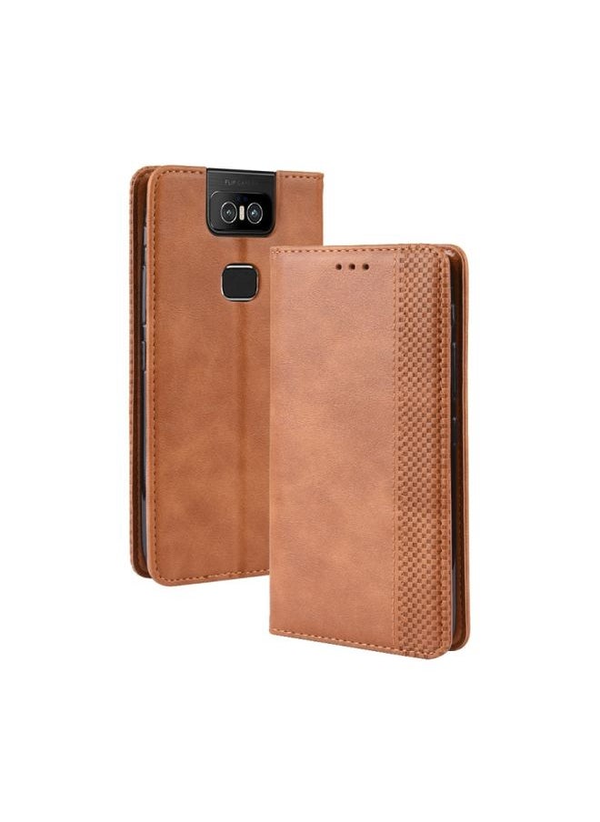 HuHa Case Cover Magnetic Buckle Retro Crazy Horse Texture Horizontal Flip Leather Case for Asus Zenfone 6 ZS630KL, with Holder & Card Slots & Photo Frame Brown 