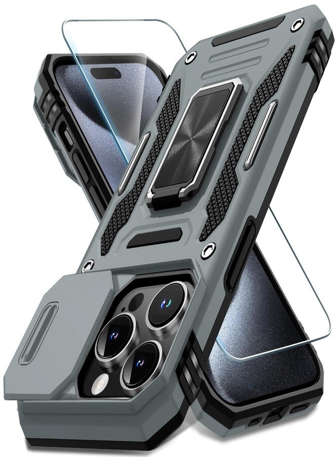 DEERLAMN جراب DEERLAMN لهاتف iPhone 15 Pro Max مع غطاء كاميرا منزلق + واقي شاشة (عبوة واحدة)، غطاء حماية مقاوم للصدمات بمسند حلقي دوار، بمواصفات عسكرية، مقاس 6.7 بوصة - رمادي - Image 1