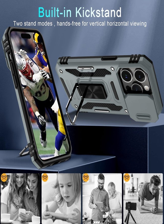 DEERLAMN جراب DEERLAMN لهاتف iPhone 15 Pro Max مع غطاء كاميرا منزلق + واقي شاشة (عبوة واحدة)، غطاء حماية مقاوم للصدمات بمسند حلقي دوار، بمواصفات عسكرية، مقاس 6.7 بوصة - رمادي - Image 5