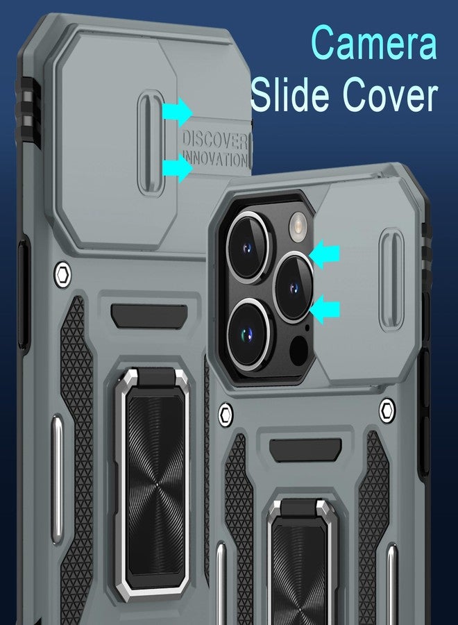 DEERLAMN جراب DEERLAMN لهاتف iPhone 15 Pro Max مع غطاء كاميرا منزلق + واقي شاشة (عبوة واحدة)، غطاء حماية مقاوم للصدمات بمسند حلقي دوار، بمواصفات عسكرية، مقاس 6.7 بوصة - رمادي - Image 3