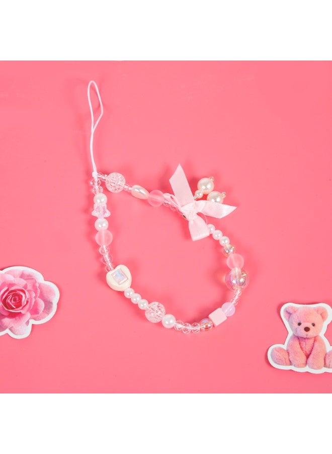 NIBEMINENT Beaded Phone Lanyard, Anti Lost Removable Wrist Strap, Beaded Bow Pearl Bracelet Pendant, Phone Keychain Lanyard - Image 1