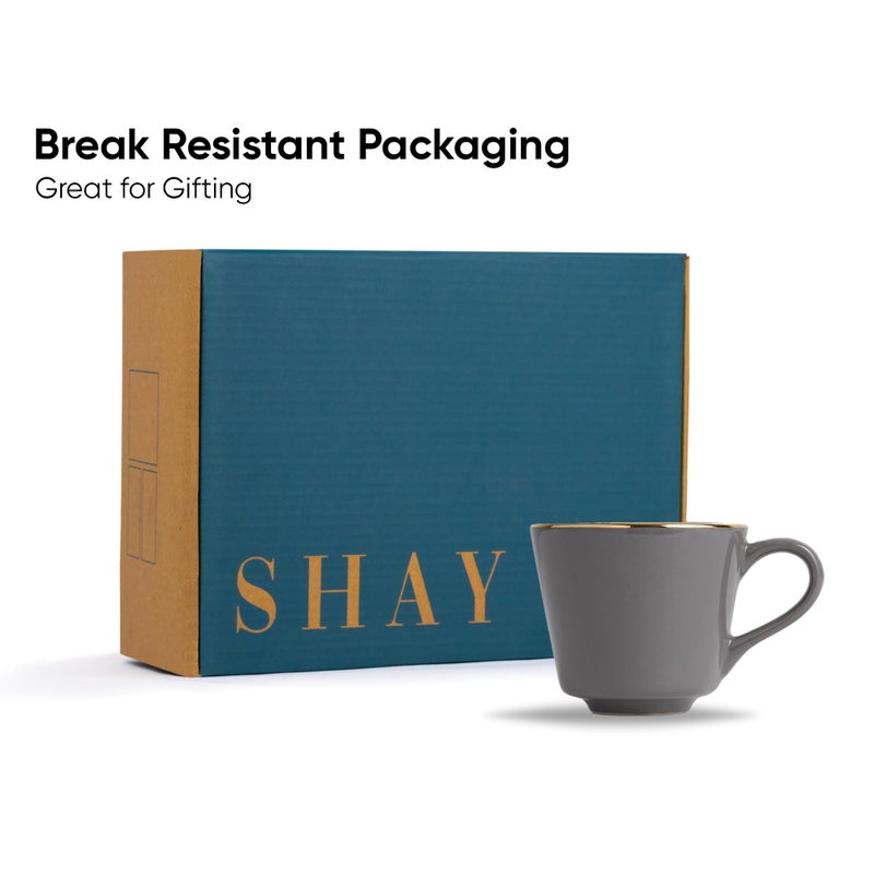 Shay طقم أكواب شاي سيراميك، مجموعة من 6، رمادي مع خط ذهب حقيقي، 180 مل | طقم أكواب من 6 للشاي | تشطيب لامع | سيراميك فاخر | طقم أكواب شاي من 6 (أكواب شاي - خط ذهب رمادي) - Image 4