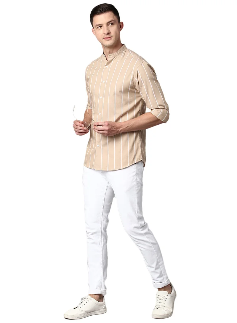 Dennis Lingo Slim Fit Beige Men's Striped Shirt, Mandarin Collar, Full Sleeves, 100% Cotton,