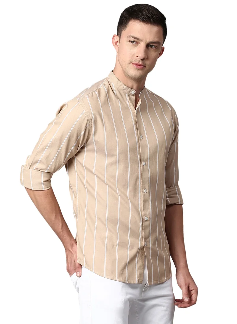 Dennis Lingo Slim Fit Beige Men's Striped Shirt, Mandarin Collar, Full Sleeves, 100% Cotton,