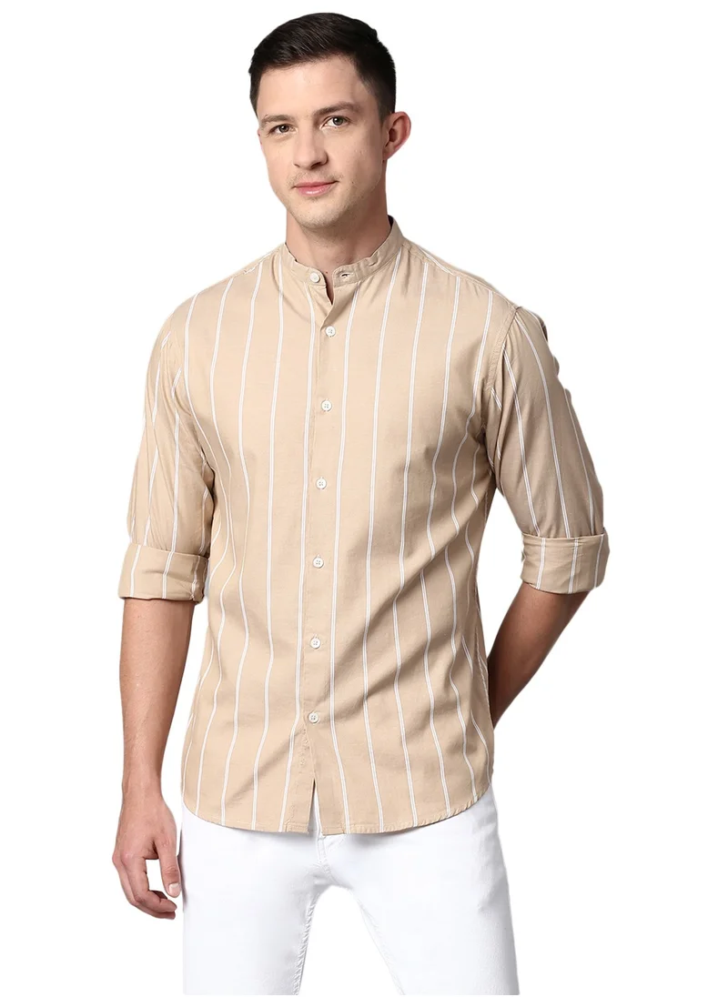 دينيس لينغو Slim Fit Beige Men's Striped Shirt, Mandarin Collar, Full Sleeves, 100% Cotton