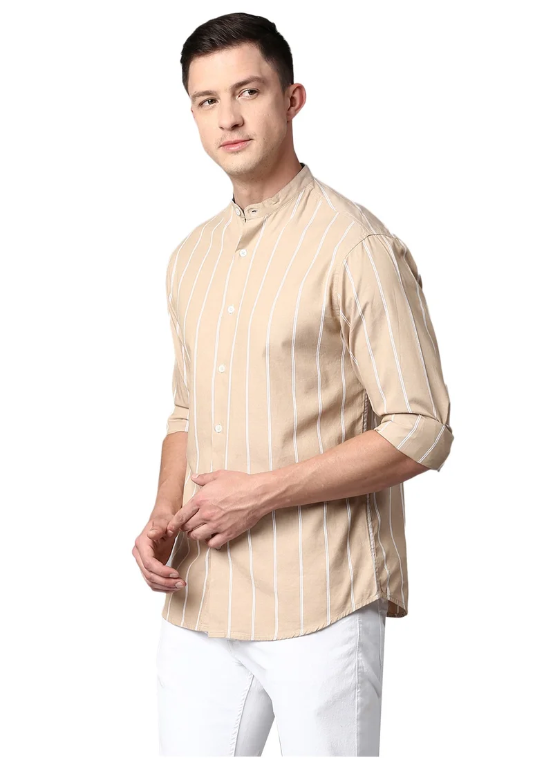 دينيس لينغو Slim Fit Beige Men's Striped Shirt, Mandarin Collar, Full Sleeves, 100% Cotton